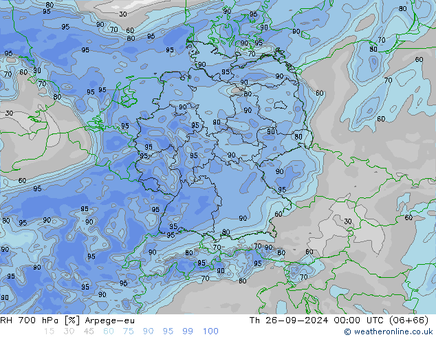 Humidité rel. 700 hPa Arpege-eu jeu 26.09.2024 00 UTC