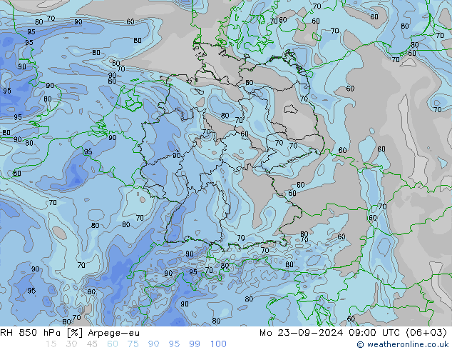 RH 850 hPa Arpege-eu Mo 23.09.2024 09 UTC