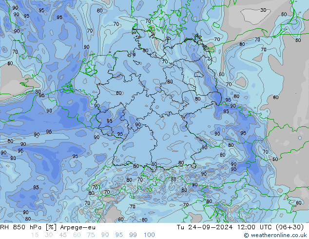 RH 850 hPa Arpege-eu Tu 24.09.2024 12 UTC