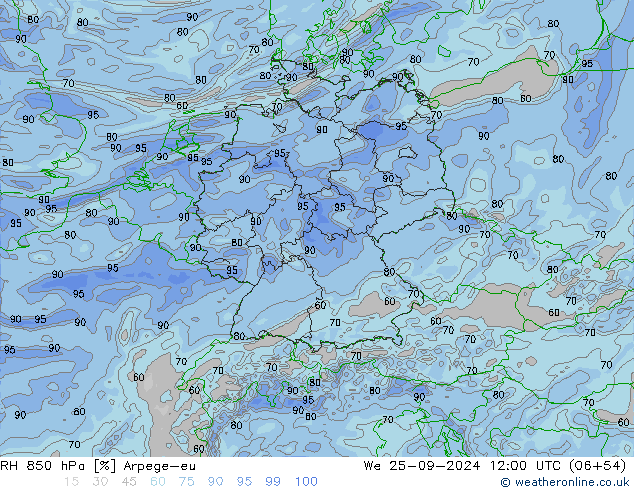 RH 850 hPa Arpege-eu mer 25.09.2024 12 UTC