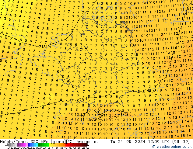 Height/Temp. 850 hPa Arpege-eu Tu 24.09.2024 12 UTC