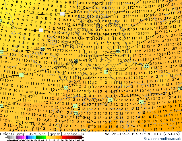 Height/Temp. 925 hPa Arpege-eu We 25.09.2024 03 UTC