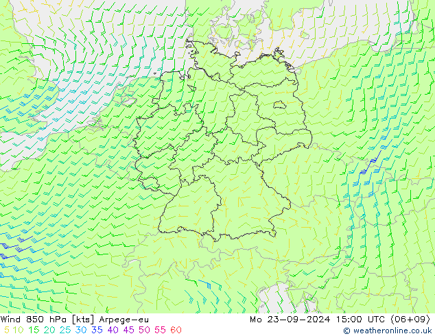 Vento 850 hPa Arpege-eu lun 23.09.2024 15 UTC