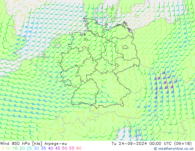 Wind 850 hPa Arpege-eu Tu 24.09.2024 00 UTC