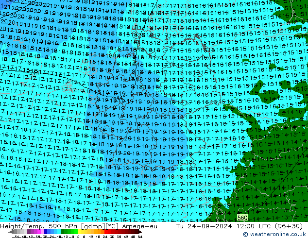 Height/Temp. 500 hPa Arpege-eu Út 24.09.2024 12 UTC