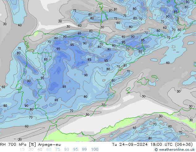 RH 700 hPa Arpege-eu Tu 24.09.2024 18 UTC