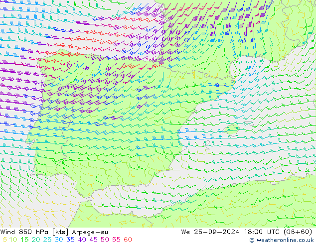 Wind 850 hPa Arpege-eu Mi 25.09.2024 18 UTC