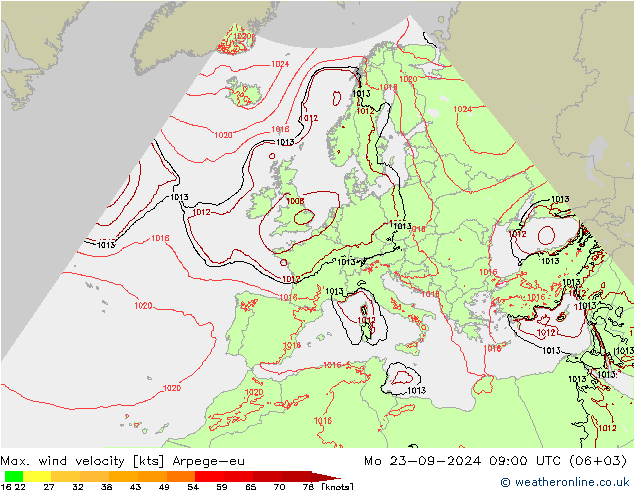 Windböen Arpege-eu Mo 23.09.2024 09 UTC