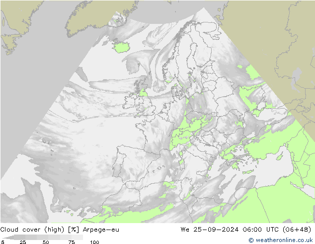 Cloud cover (high) Arpege-eu We 25.09.2024 06 UTC