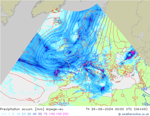 Totale neerslag Arpege-eu do 26.09.2024 00 UTC