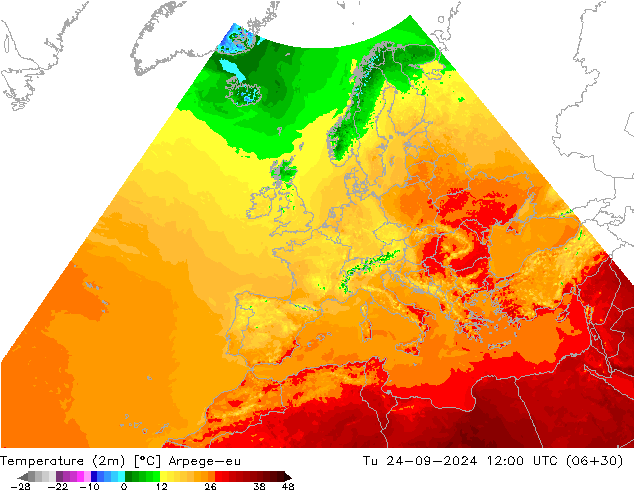 Temperature (2m) Arpege-eu Tu 24.09.2024 12 UTC