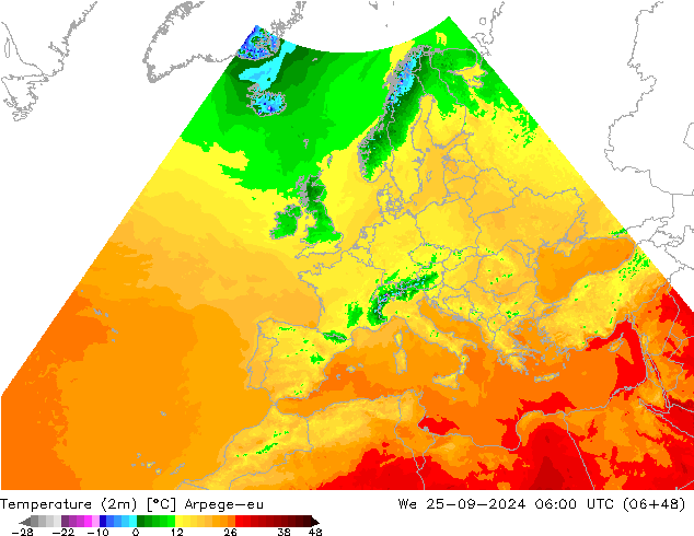 mapa temperatury (2m) Arpege-eu śro. 25.09.2024 06 UTC