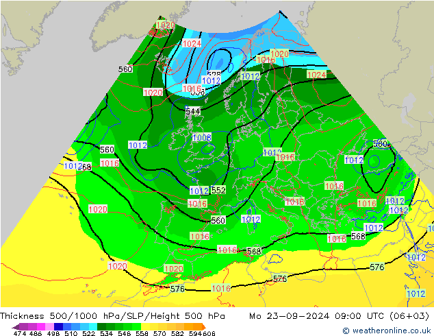 Espesor 500-1000 hPa Arpege-eu lun 23.09.2024 09 UTC