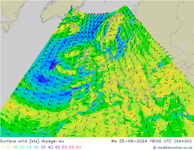 Vent 10 m Arpege-eu mer 25.09.2024 18 UTC