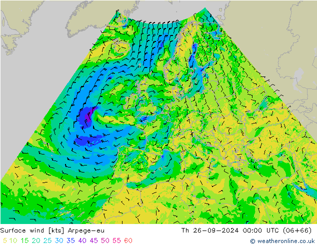 Viento 10 m Arpege-eu jue 26.09.2024 00 UTC