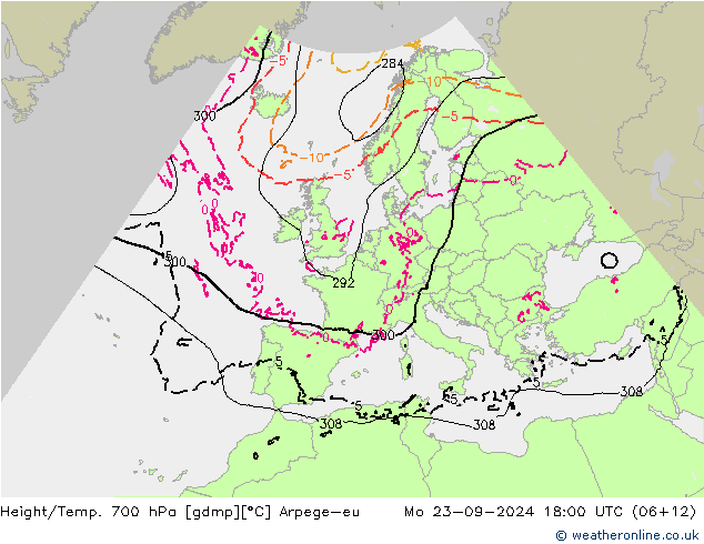 Height/Temp. 700 hPa Arpege-eu 星期一 23.09.2024 18 UTC