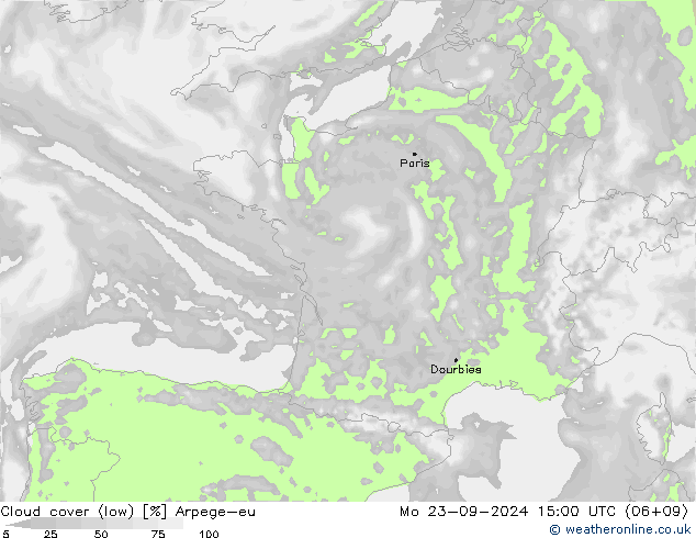 Cloud cover (low) Arpege-eu Mo 23.09.2024 15 UTC