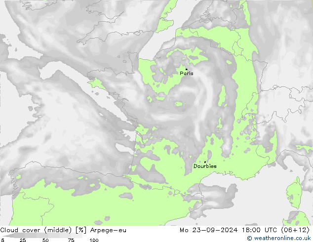 Cloud cover (middle) Arpege-eu Mo 23.09.2024 18 UTC