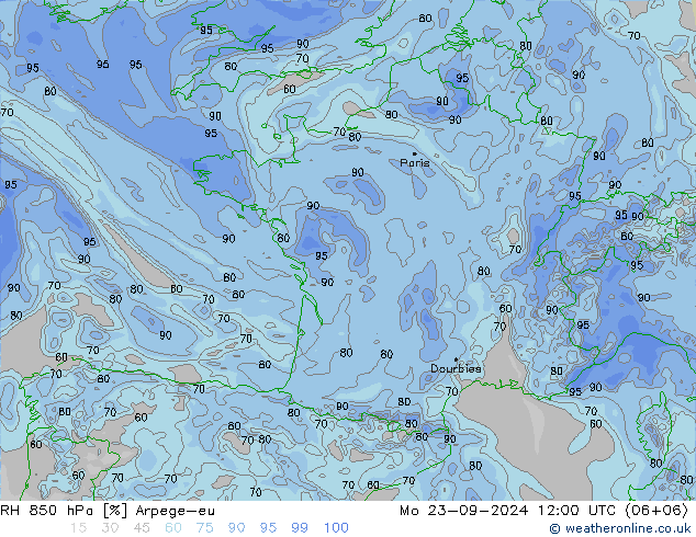 RH 850 hPa Arpege-eu Mo 23.09.2024 12 UTC