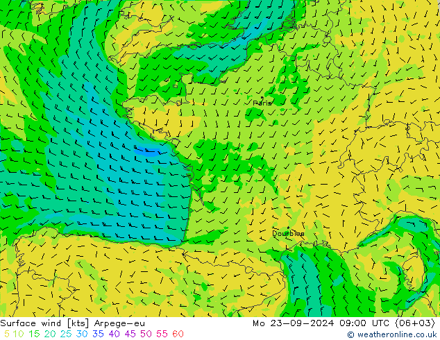 ветер 10 m Arpege-eu пн 23.09.2024 09 UTC