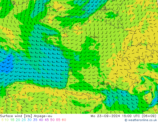 Viento 10 m Arpege-eu lun 23.09.2024 15 UTC