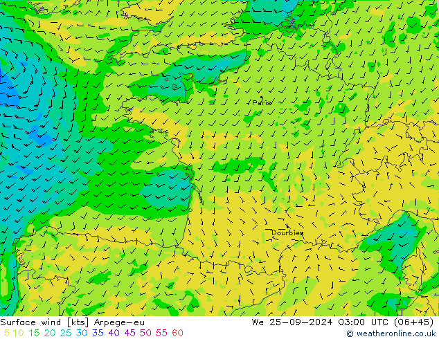 Surface wind Arpege-eu We 25.09.2024 03 UTC