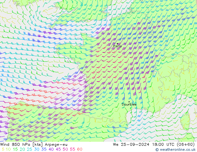 Vento 850 hPa Arpege-eu Qua 25.09.2024 18 UTC