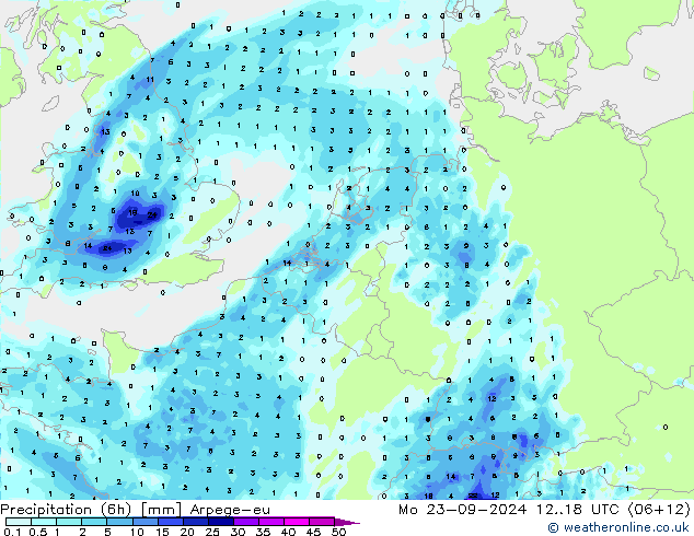 Precipitation (6h) Arpege-eu Po 23.09.2024 18 UTC