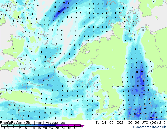 Yağış (6h) Arpege-eu Sa 24.09.2024 06 UTC