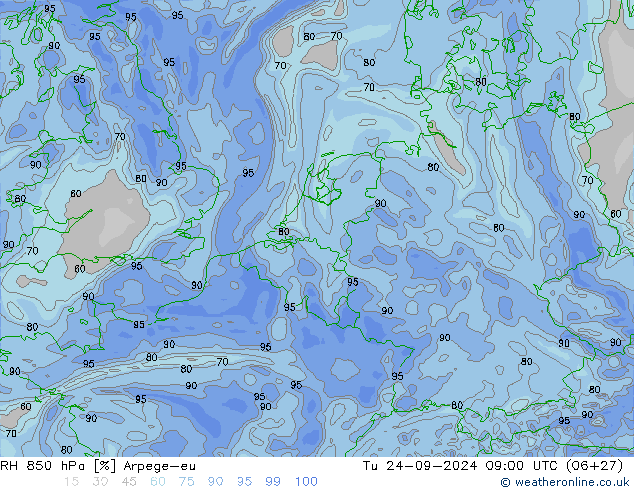 RH 850 hPa Arpege-eu Tu 24.09.2024 09 UTC