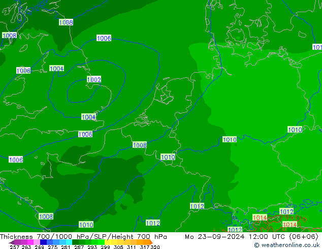 Espesor 700-1000 hPa Arpege-eu lun 23.09.2024 12 UTC