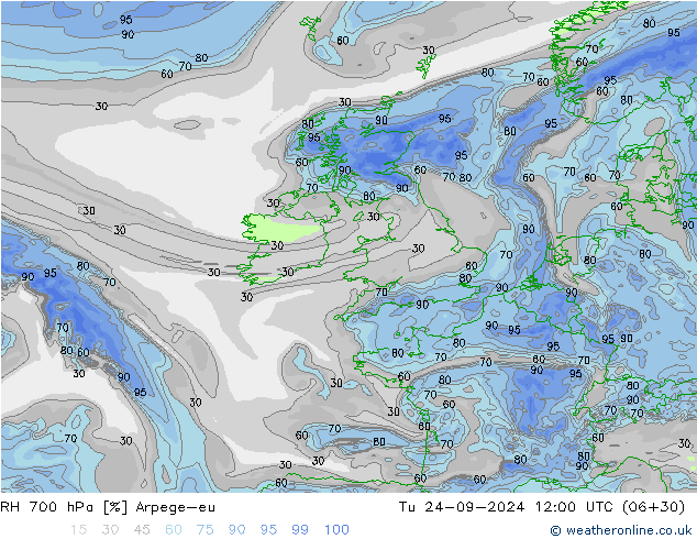 RH 700 hPa Arpege-eu mar 24.09.2024 12 UTC