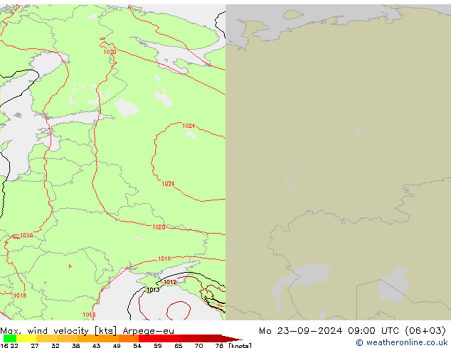 Max. wind velocity Arpege-eu Mo 23.09.2024 09 UTC