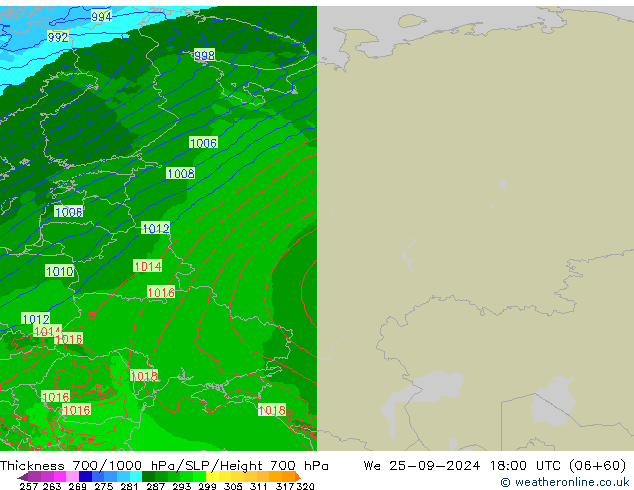 Espesor 700-1000 hPa Arpege-eu mié 25.09.2024 18 UTC