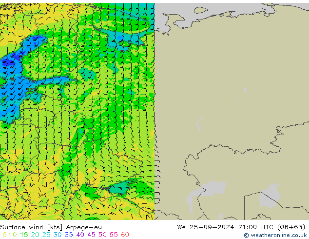 Rüzgar 10 m Arpege-eu Çar 25.09.2024 21 UTC