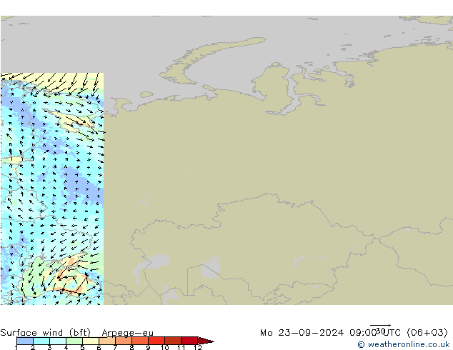 Surface wind (bft) Arpege-eu Mo 23.09.2024 09 UTC