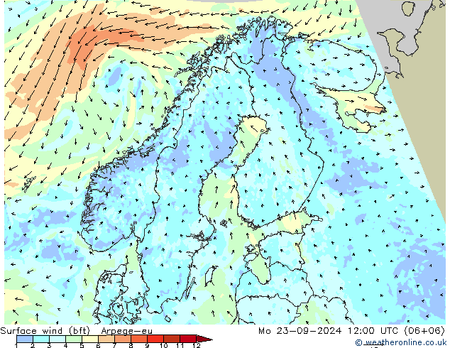 Viento 10 m (bft) Arpege-eu lun 23.09.2024 12 UTC