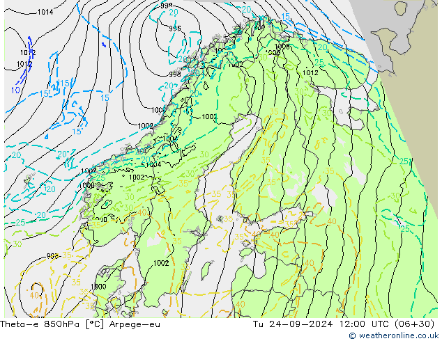 Theta-e 850hPa Arpege-eu mar 24.09.2024 12 UTC