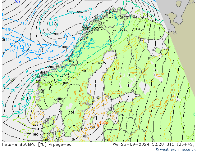 Theta-e 850hPa Arpege-eu  25.09.2024 00 UTC