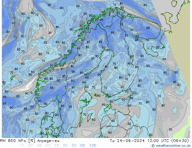 RH 850 hPa Arpege-eu mar 24.09.2024 12 UTC