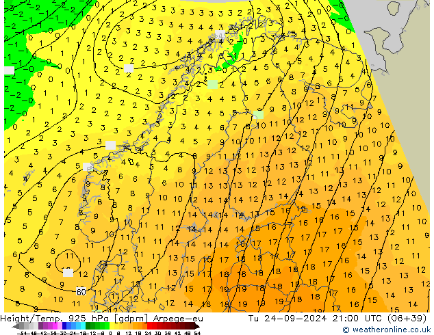 Height/Temp. 925 hPa Arpege-eu Tu 24.09.2024 21 UTC