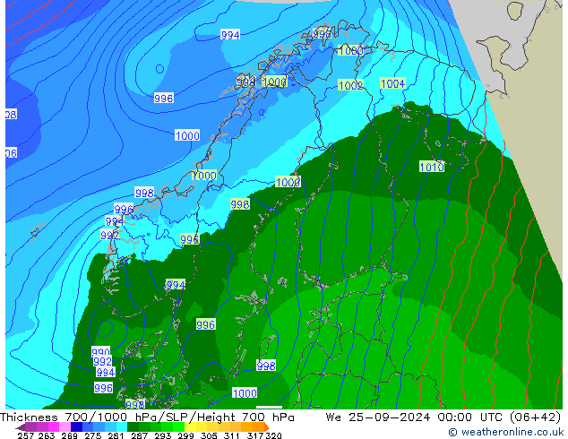 Thck 700-1000 hPa Arpege-eu We 25.09.2024 00 UTC