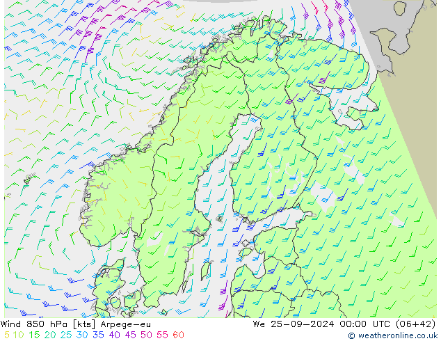 Wind 850 hPa Arpege-eu We 25.09.2024 00 UTC