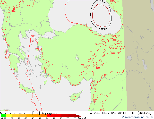 Max. wind velocity Arpege-eu Út 24.09.2024 06 UTC