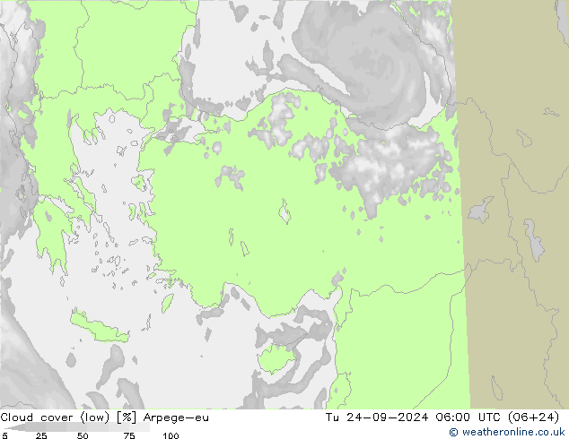 Cloud cover (low) Arpege-eu Tu 24.09.2024 06 UTC