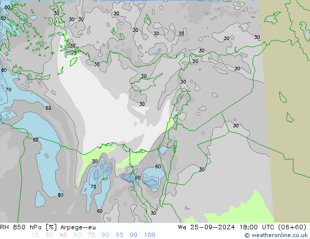 Humedad rel. 850hPa Arpege-eu mié 25.09.2024 18 UTC