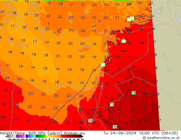 Hoogte/Temp. 925 hPa Arpege-eu di 24.09.2024 12 UTC