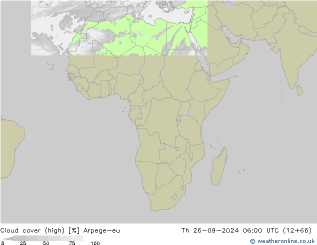 Cloud cover (high) Arpege-eu Th 26.09.2024 06 UTC