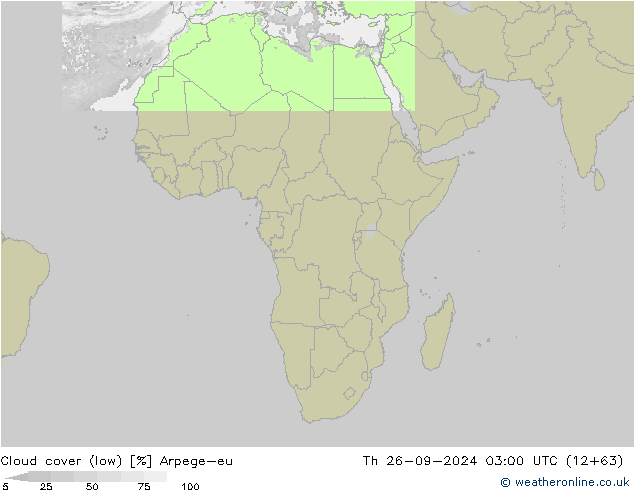 Cloud cover (low) Arpege-eu Th 26.09.2024 03 UTC