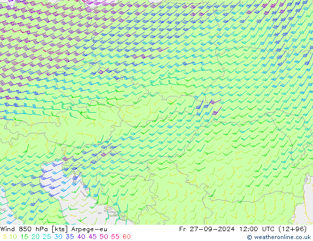 ветер 850 гПа Arpege-eu пт 27.09.2024 12 UTC